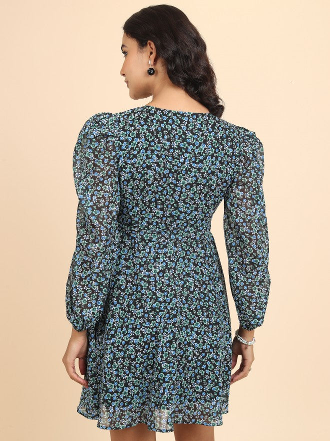 Tokyo Talkies Women Green Printed Fit And Flare Dress - Green - Image 3