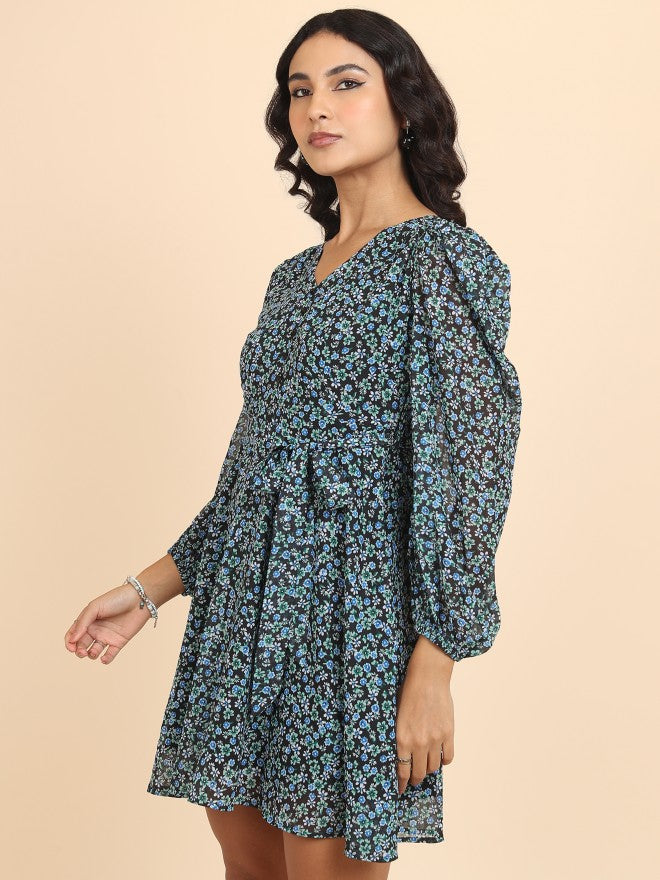 Tokyo Talkies Women Green Printed Fit And Flare Dress - Green - Image 4