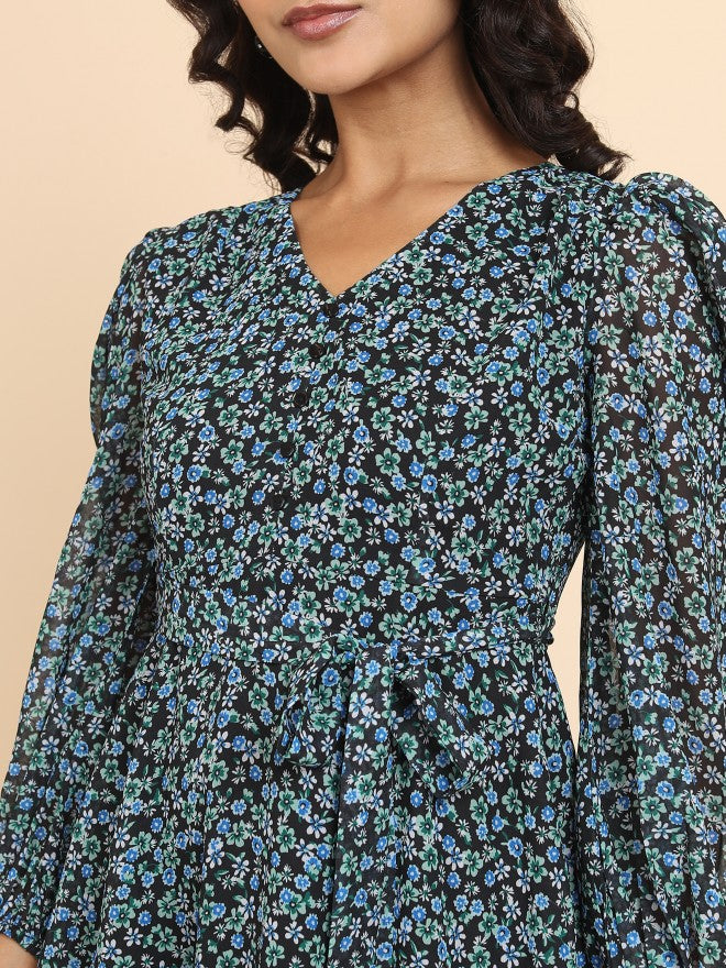 Tokyo Talkies Women Green Printed Fit And Flare Dress - Green - Image 5