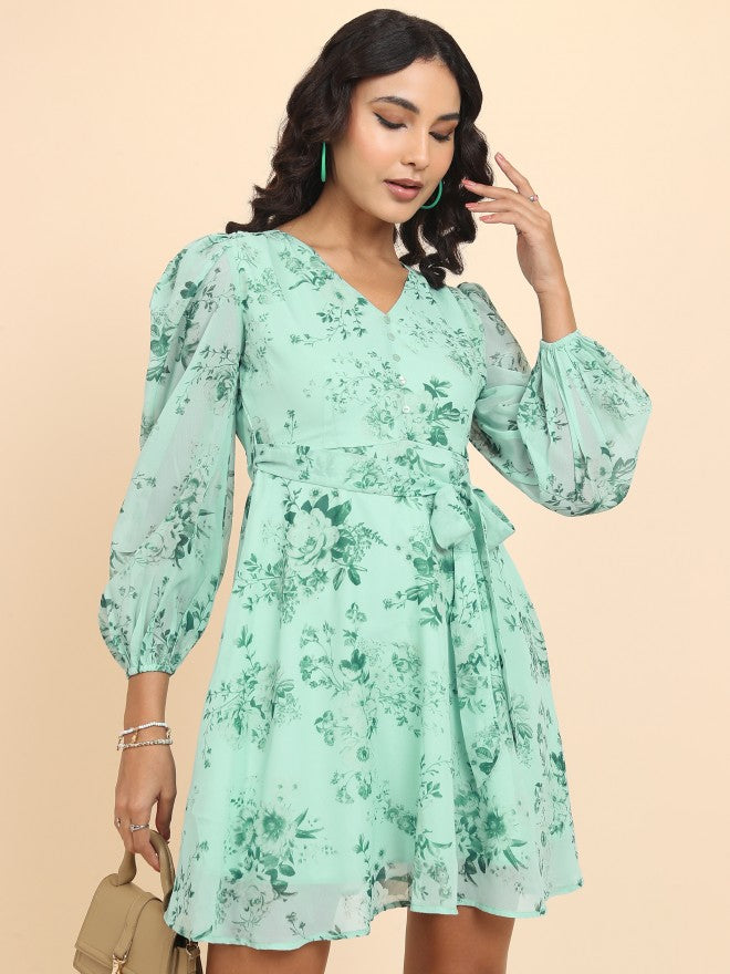 Tokyo Talkies Women Green Printed Fit And Flare Dress - Green - Image 1