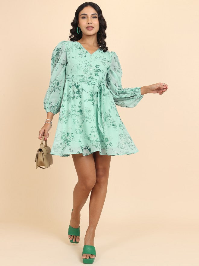 Tokyo Talkies Women Green Printed Fit And Flare Dress - Green - Image 2