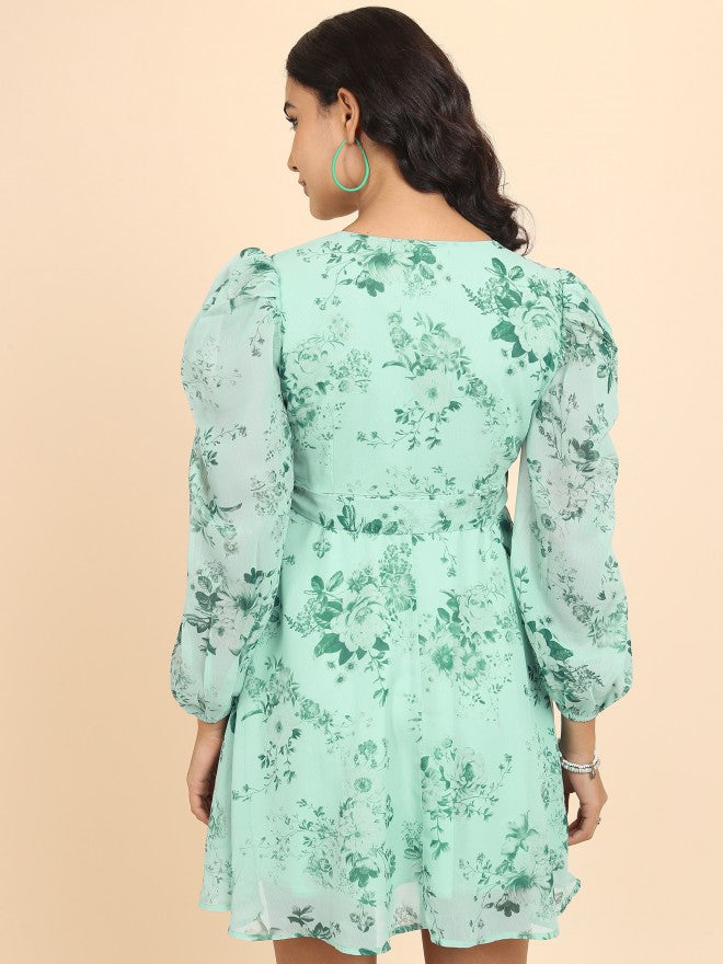 Tokyo Talkies Women Green Printed Fit And Flare Dress - Green - Image 3