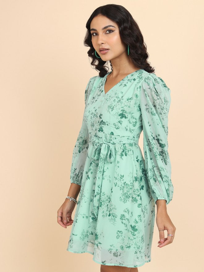 Tokyo Talkies Women Green Printed Fit And Flare Dress - Green - Image 4