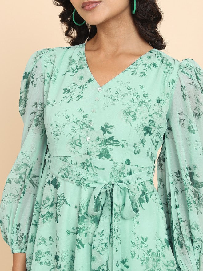 Tokyo Talkies Women Green Printed Fit And Flare Dress - Green - Image 5