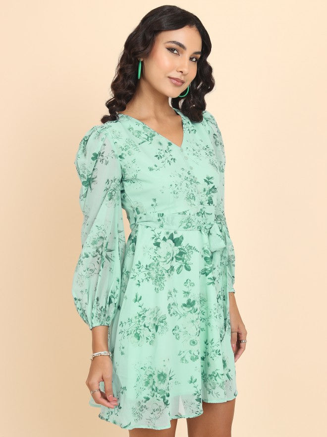 Tokyo Talkies Women Green Printed Fit And Flare Dress - Green - Image 6