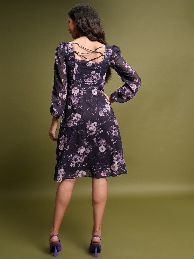Tokyo Talkies Women Purple Printed A-Line Dress - Purple - Image 3