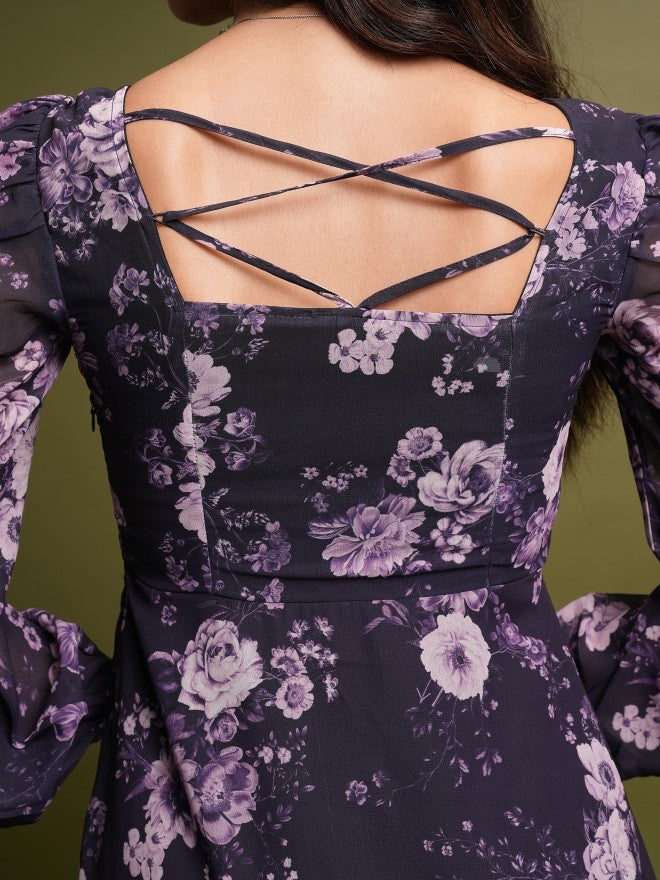 Tokyo Talkies Women Purple Printed A-Line Dress - Purple - Image 5