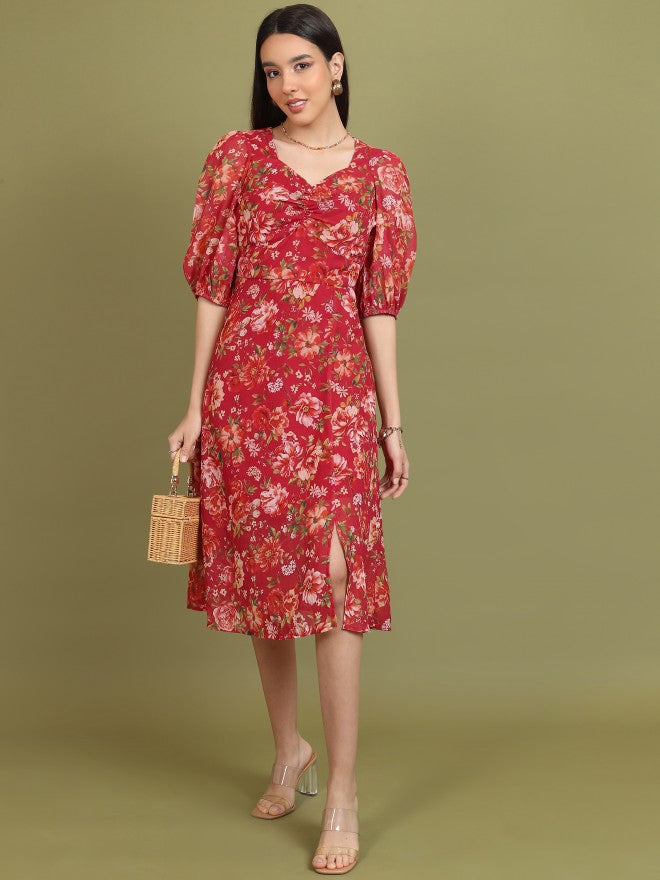 Tokyo Talkies Women Red Printed A-Line Dress - Red - Image 1