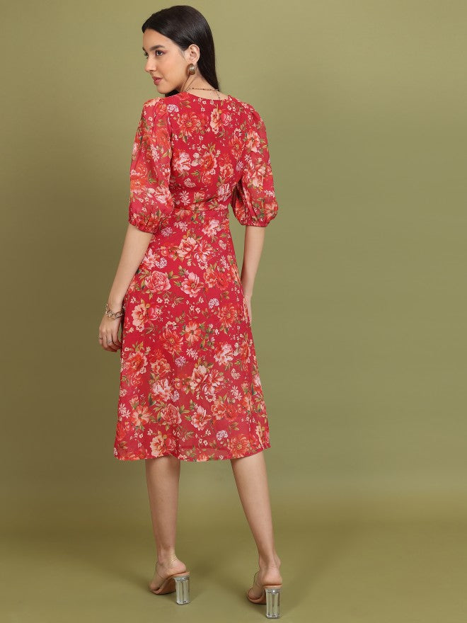 Tokyo Talkies Women Red Printed A-Line Dress - Red - Image 3