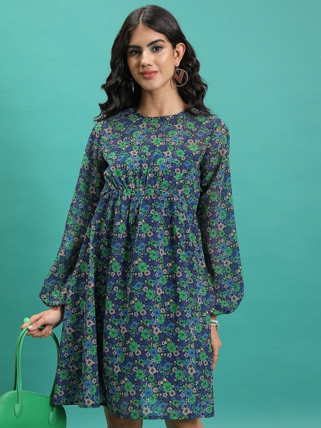 Tokyo Talkies Women Green Printed Fit And Flare Dress - Green - Image 1