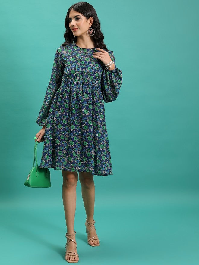 Tokyo Talkies Women Green Printed Fit And Flare Dress - Green - Image 2
