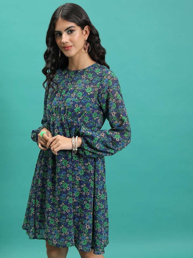 Tokyo Talkies Women Green Printed Fit And Flare Dress - Green - Image 4