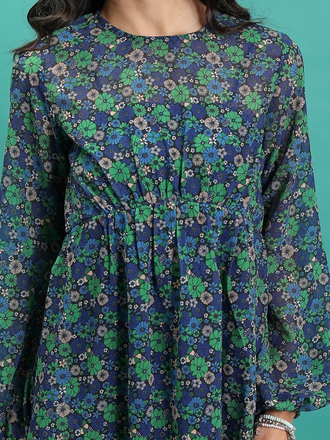 Tokyo Talkies Women Green Printed Fit And Flare Dress - Green - Image 5