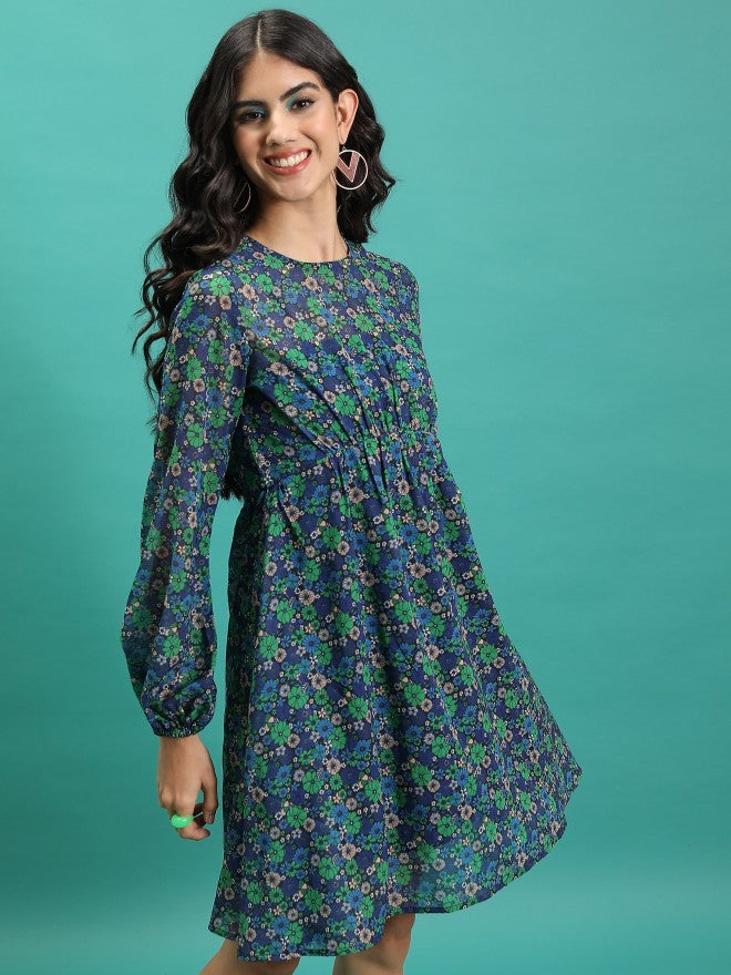 Tokyo Talkies Women Green Printed Fit And Flare Dress - Green - Image 6
