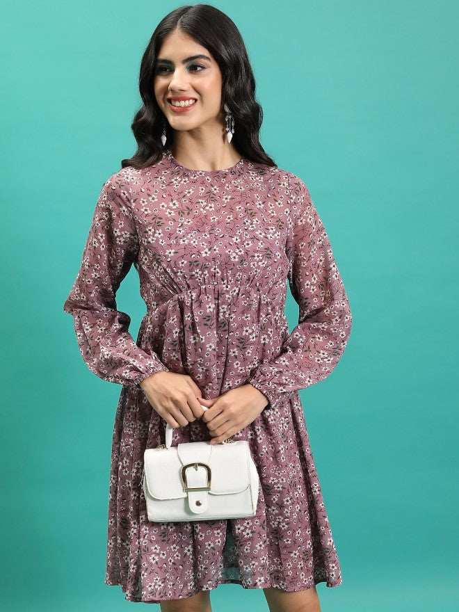 Tokyo Talkies Women Pink Printed Fit And Flare Dress - Pink - Image 1