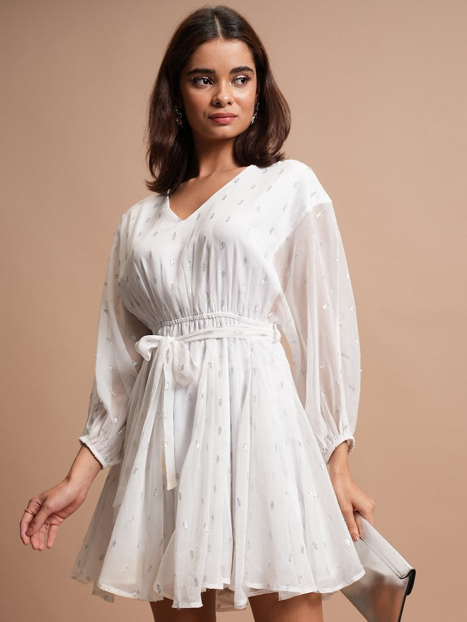 Tokyo Talkies Women White Self Design A-Line Dress - White - Image 1