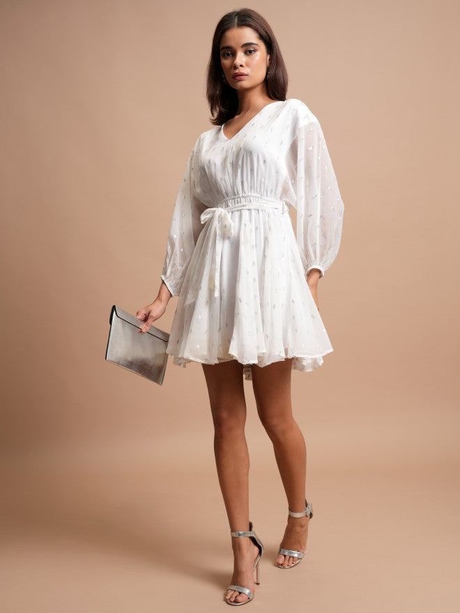 Tokyo Talkies Women White Self Design A-Line Dress - White - Image 2