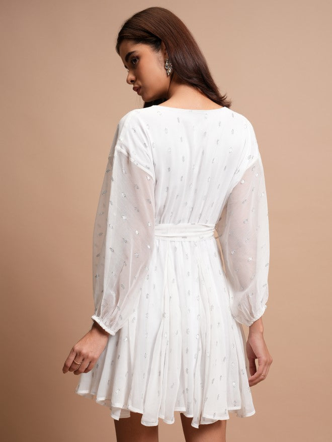 Tokyo Talkies Women White Self Design A-Line Dress - White - Image 3