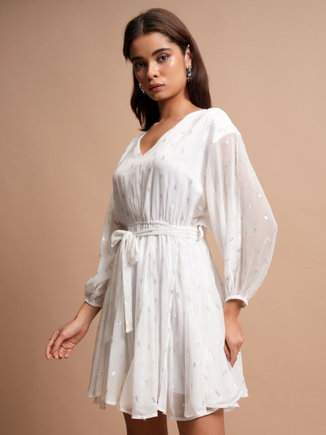Tokyo Talkies Women White Self Design A-Line Dress - White - Image 4