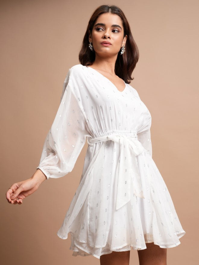 Tokyo Talkies Women White Self Design A-Line Dress - White - Image 6