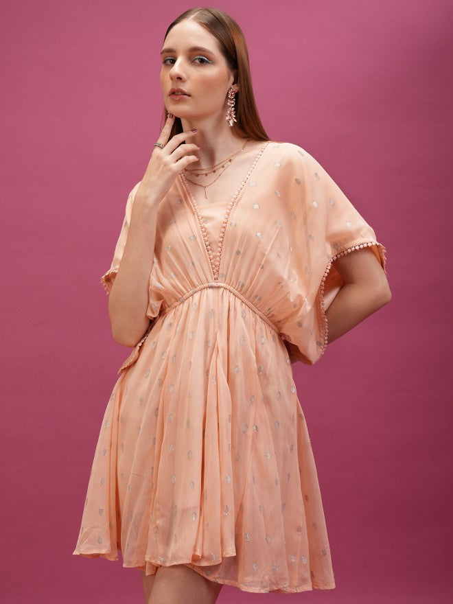 Tokyo Talkies Women Peach Self Design A-Line Dresses - Peach - Image 1