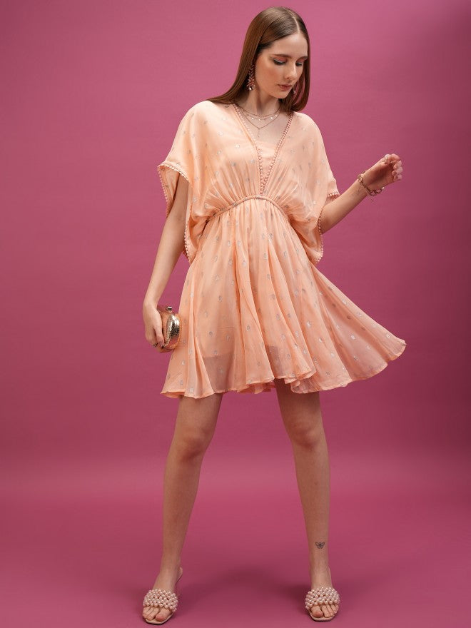 Tokyo Talkies Women Peach Self Design A-Line Dresses - Peach - Image 2