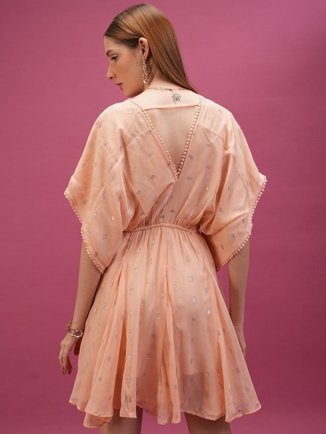 Tokyo Talkies Women Peach Self Design A-Line Dresses - Peach - Image 3