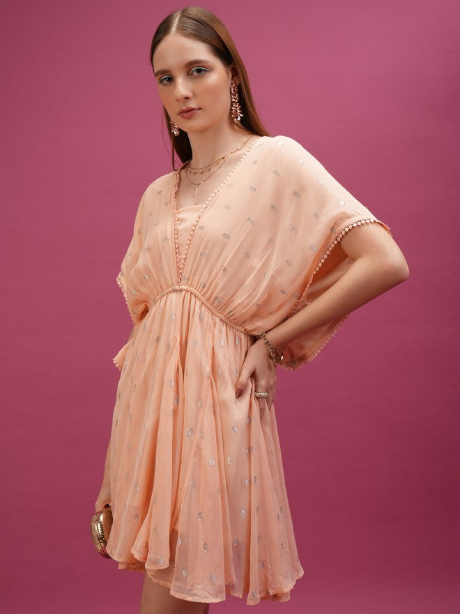 Tokyo Talkies Women Peach Self Design A-Line Dresses - Peach - Image 4
