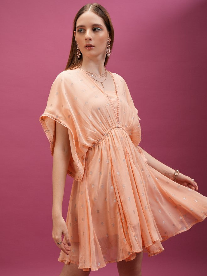 Tokyo Talkies Women Peach Self Design A-Line Dresses - Peach - Image 6