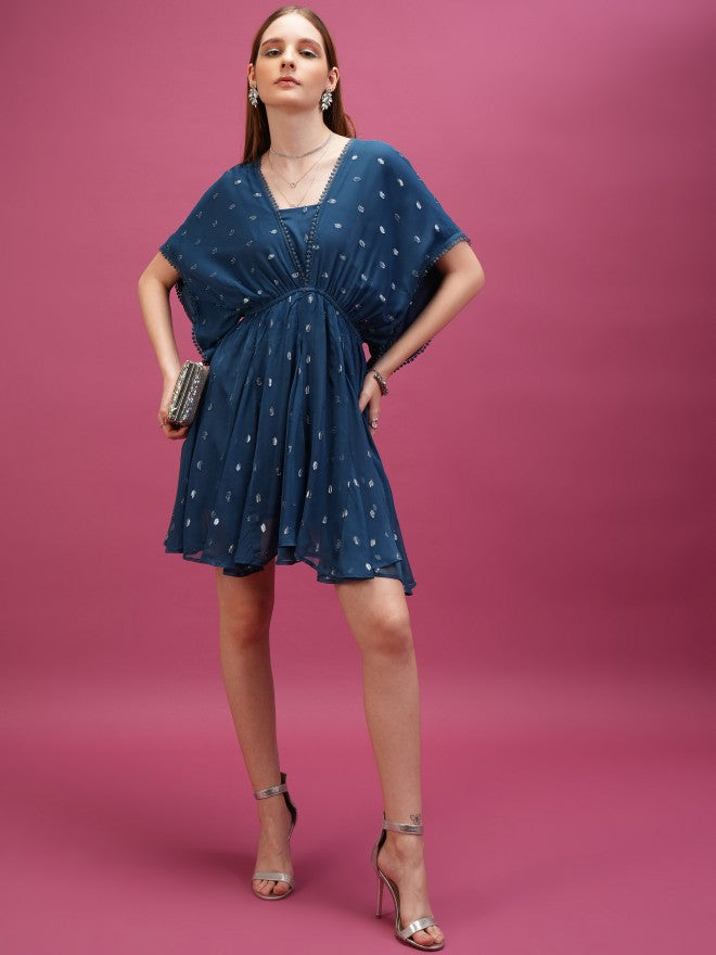 Self Design A-Line Dress - Blue - Image 2