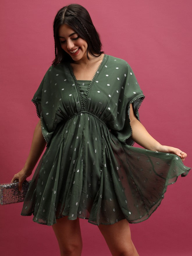 Self Design A-Line Dress - Green - Image 1