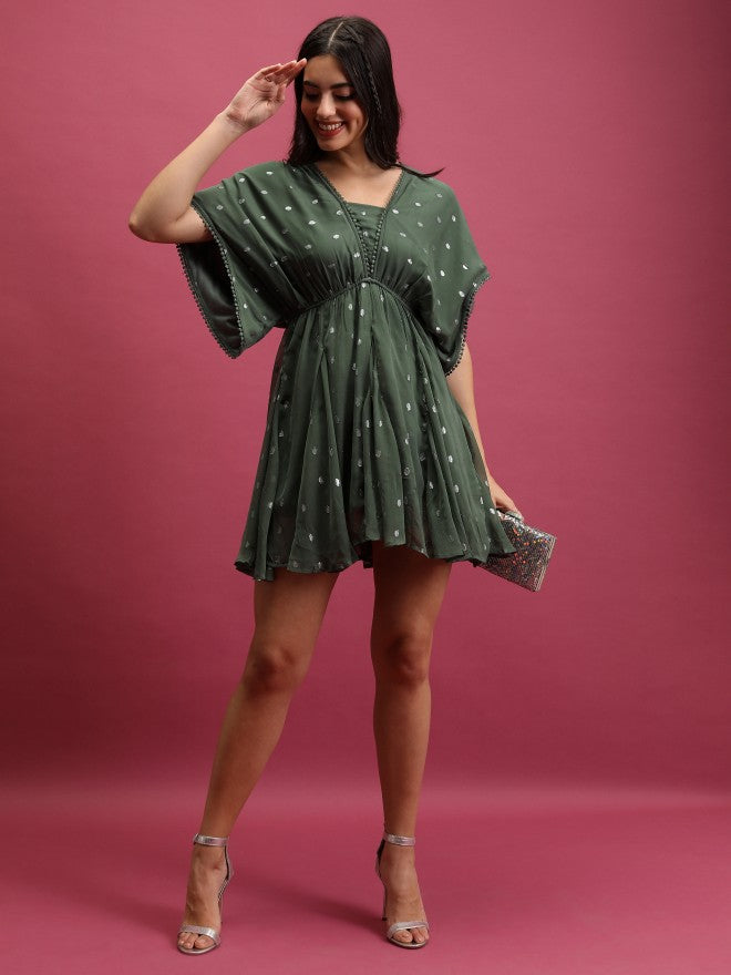 Self Design A-Line Dress - Green - Image 2