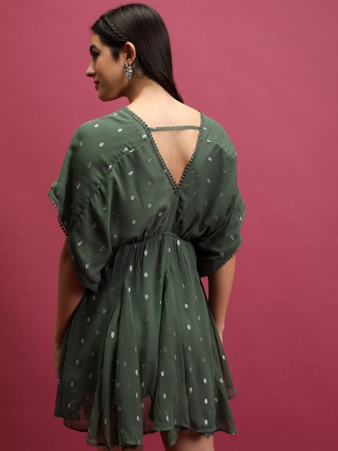 Self Design A-Line Dress - Green - Image 3