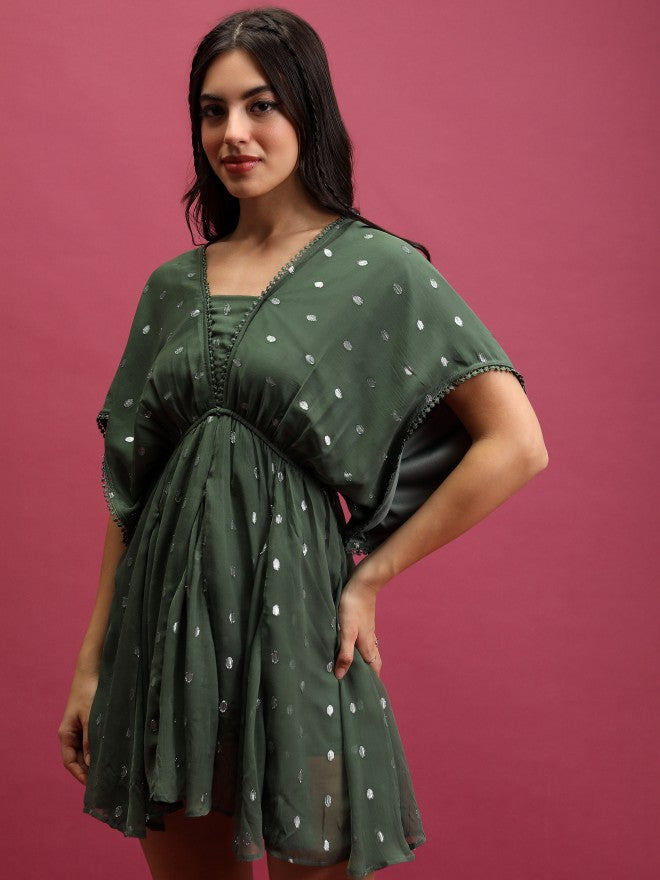 Self Design A-Line Dress - Green - Image 4
