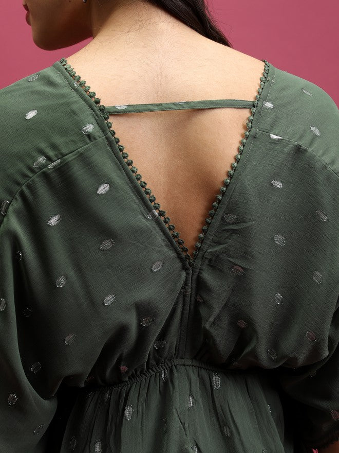 Self Design A-Line Dress - Green - Image 5