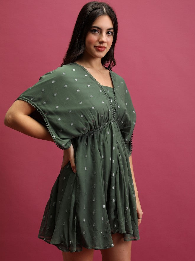 Self Design A-Line Dress - Green - Image 6