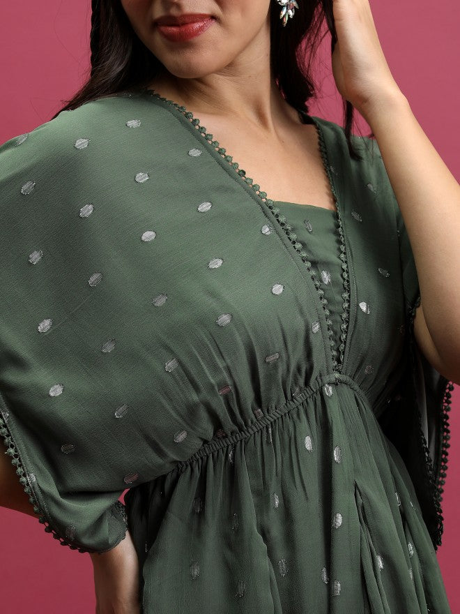 Self Design A-Line Dress - Green - Image 7