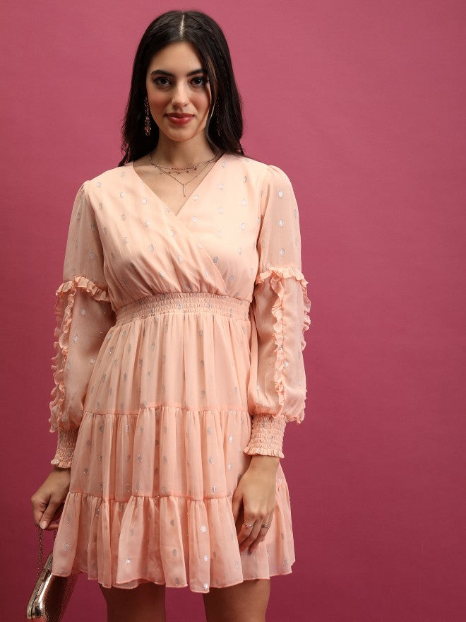 Tokyo Talkies Women Peach Self Design Wrap Dress - Peach - Image 1