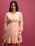Tokyo Talkies Women Peach Self Design Wrap Dress - Peach - Image 1