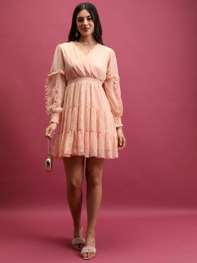 Tokyo Talkies Women Peach Self Design Wrap Dress - Peach - Image 2