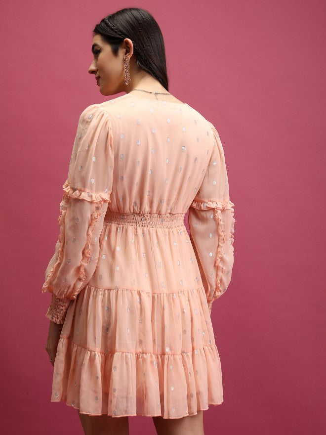 Tokyo Talkies Women Peach Self Design Wrap Dress - Peach - Image 3