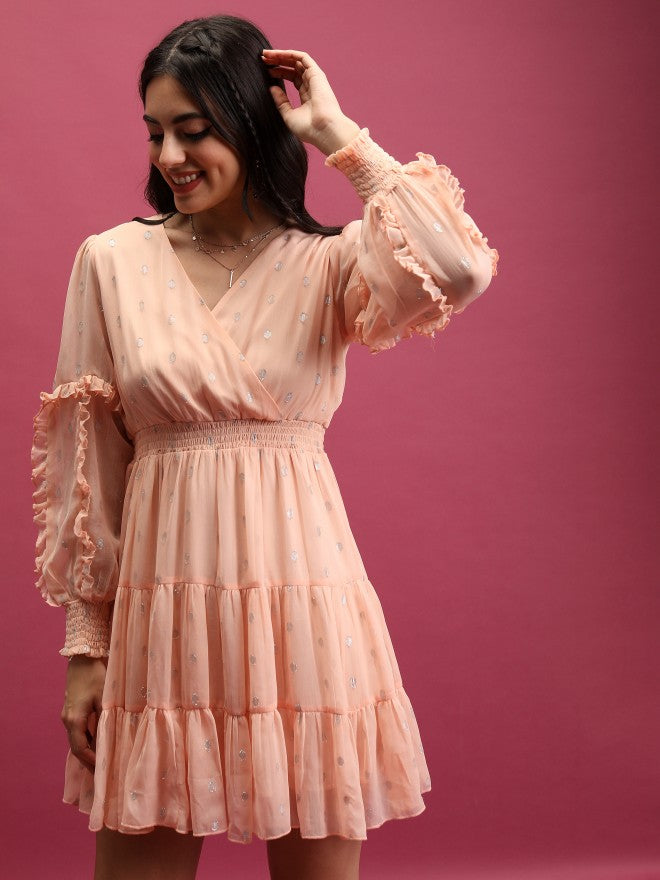 Tokyo Talkies Women Peach Self Design Wrap Dress - Peach - Image 4