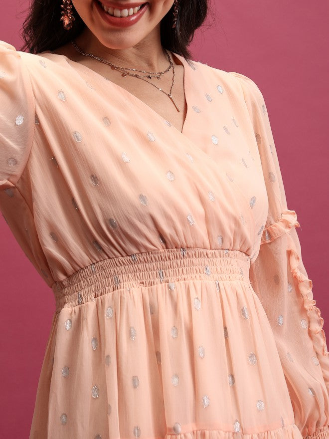 Tokyo Talkies Women Peach Self Design Wrap Dress - Peach - Image 5