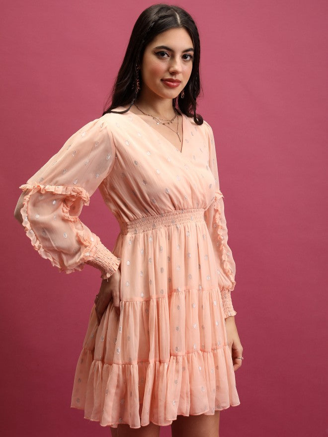 Tokyo Talkies Women Peach Self Design Wrap Dress - Peach - Image 6