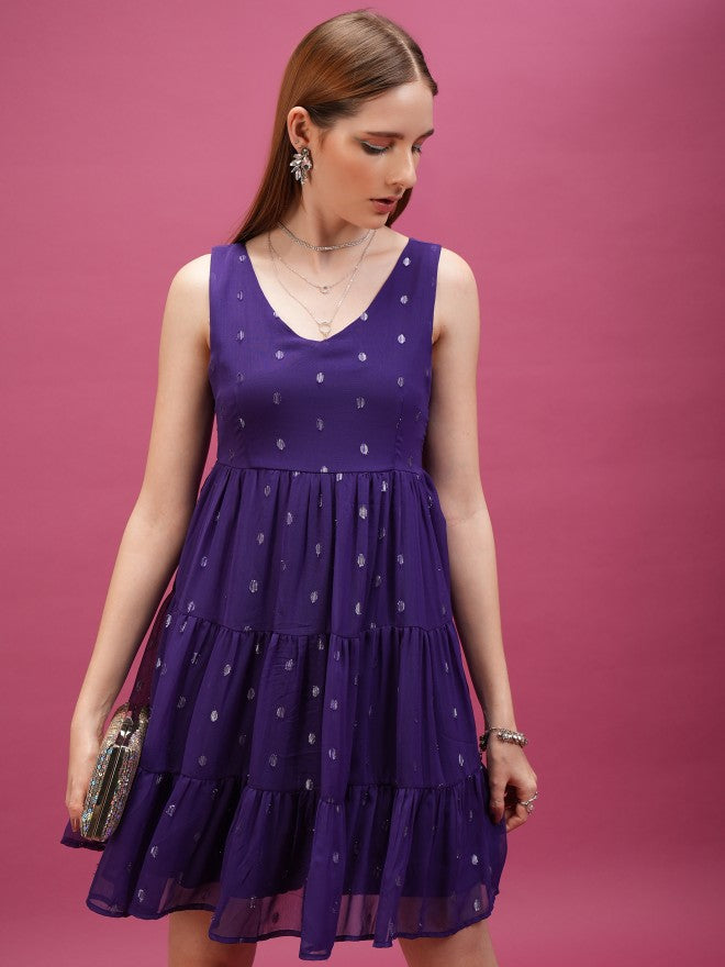 Self Design Fit & Flare Dress - Violet - Image 1
