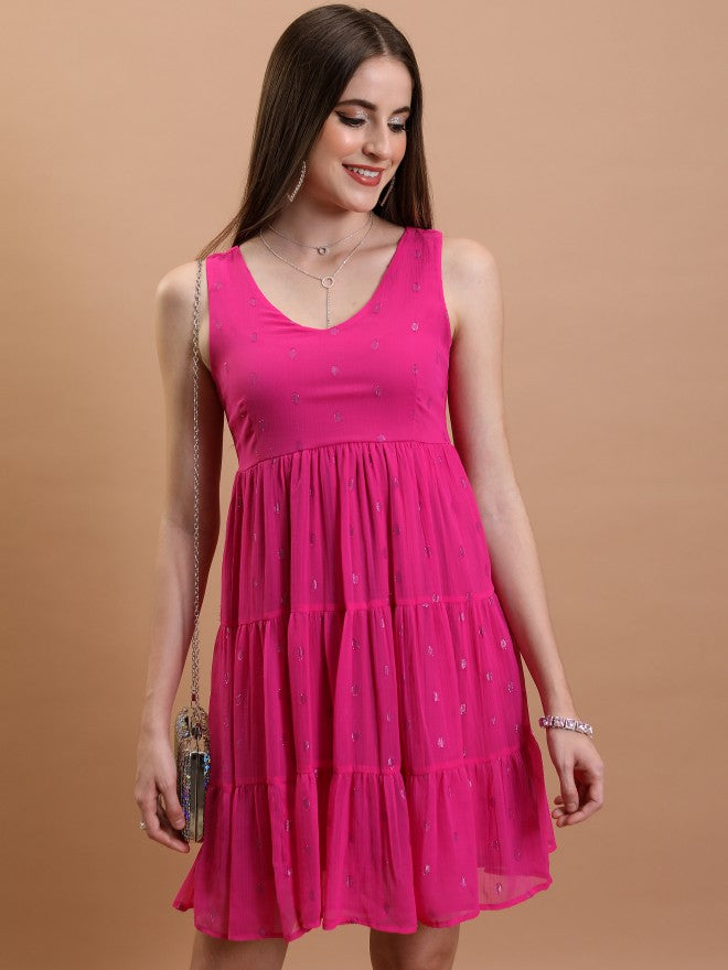 Tokyo Talkies Women Pink Self Design Fit And Flare Dress - Pink - Image 1