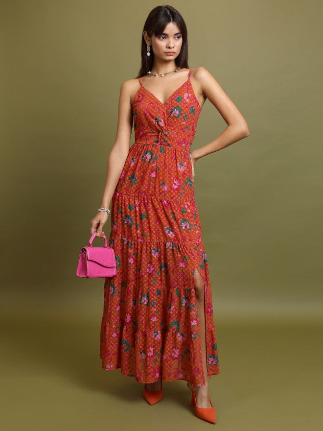 Tokyo Talkies Women Orange Printed Maxi Dress - Orange - Image 1