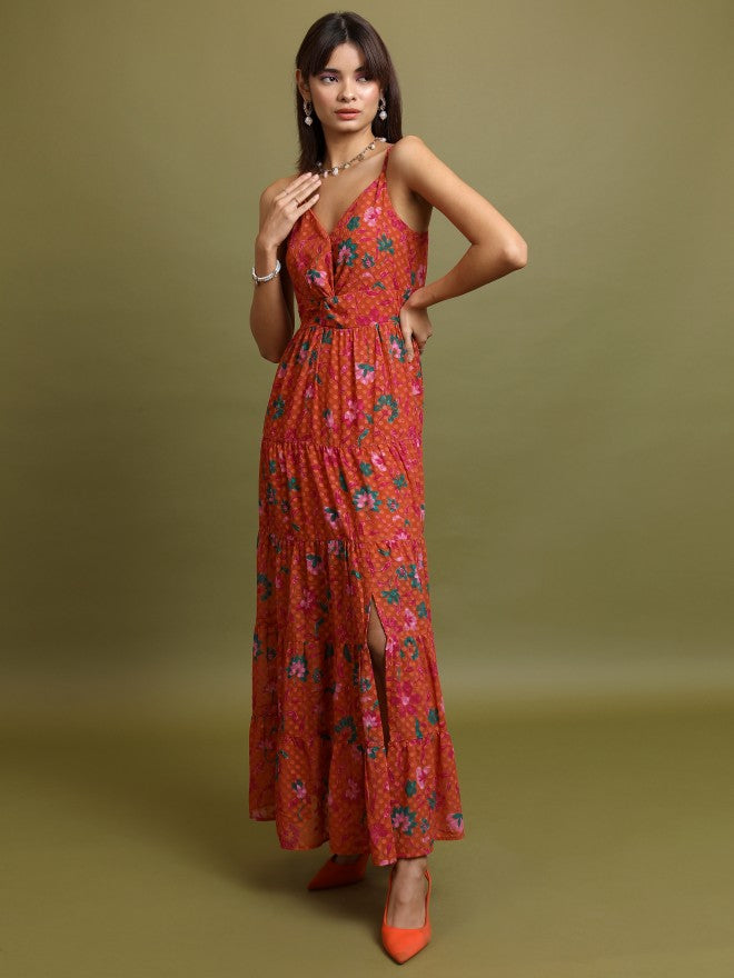 Tokyo Talkies Women Orange Printed Maxi Dress - Orange - Image 2