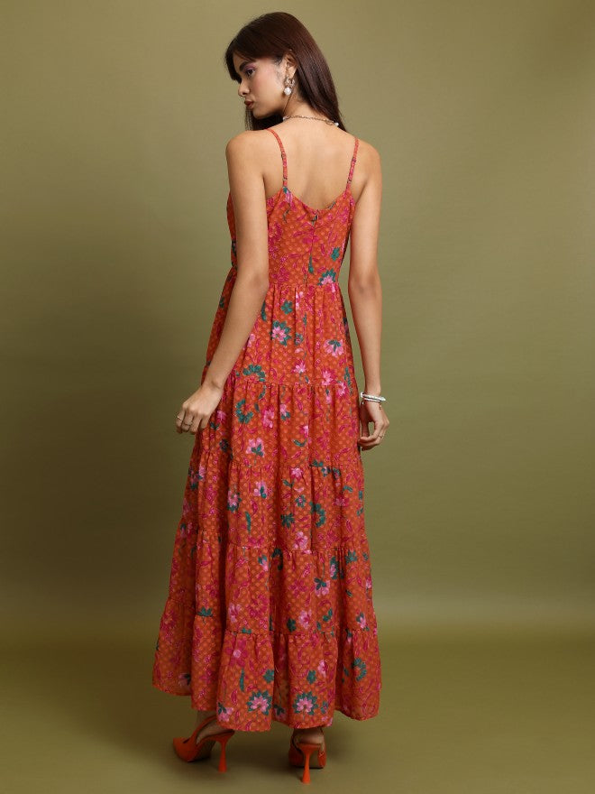 Tokyo Talkies Women Orange Printed Maxi Dress - Orange - Image 3