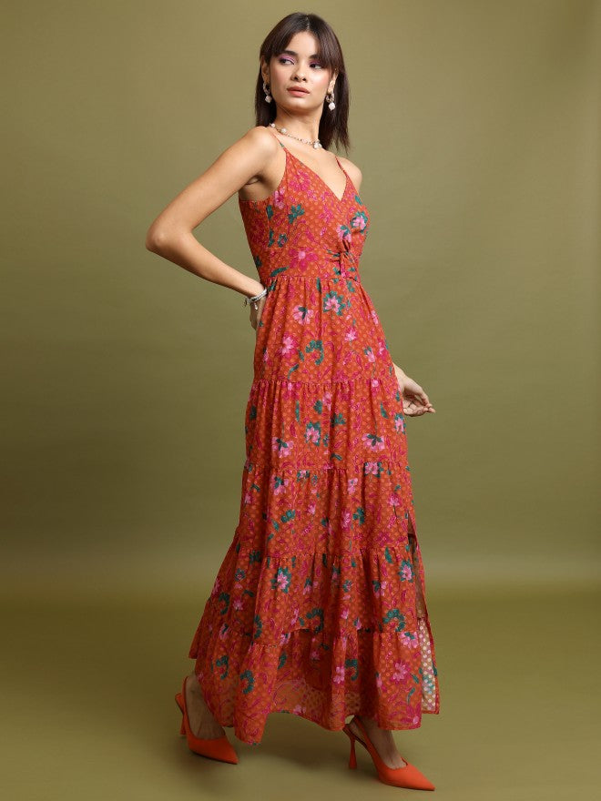 Tokyo Talkies Women Orange Printed Maxi Dress - Orange - Image 4